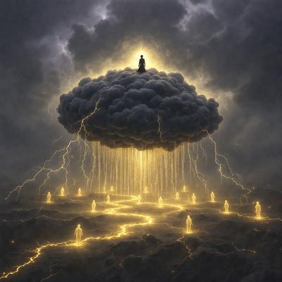 The primary subject of the image is a cloud with a person sitting on top of it. The setting is a dark sky, and the visual style is digital art. The cloud is illuminated with a golden glow, and the overall atmosphere is serene and mystical.